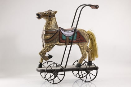 Wooden Toy Horse on Wheels Platform Push Doll Carriage 15.5 in. height x 12 in. length