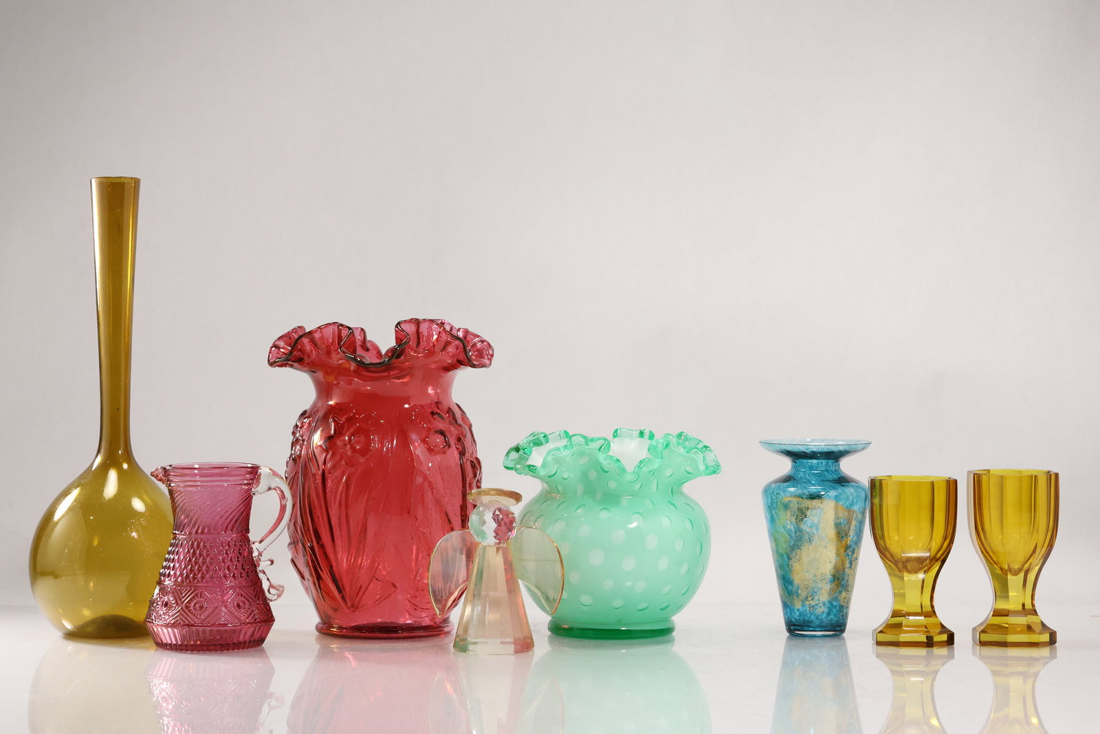 Estate Grouping 8 Assorted Color Glass Vases, Pitcher, Goblets - Variety - See Pictures (1 of 20)