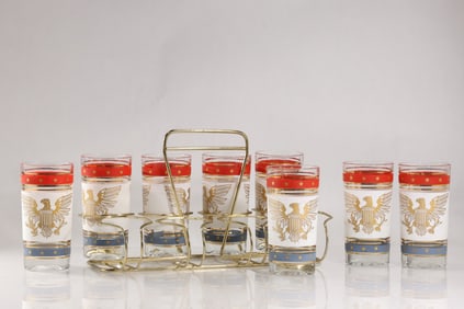 Set 8 Patriotic 22-Karat American Bald Eagle High Ball Glasses in Metal Caddy Holder