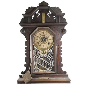 Antique Walnut Case Eastlake Gingerbread Mantle Clock with Thermometer, Key & Pendulum