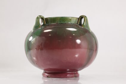 Signed Fulper Pottery vase, model No. 564, 1917-1927, three-handled vase with moss rose glaze
