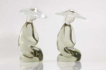 2 Signed Renato Anatra, Murano Asian Chinese Kneeling Man Glass Figurine 7.5 in. height