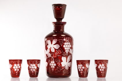 Ruby Red Bohemian Cut to Clear Decanter with 4 Cordials, Grapes and Leaves