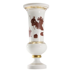 Tall White Bristol Glass Vase with Grecian Figures Scene 18.5 in. height x 7.5 in. wide