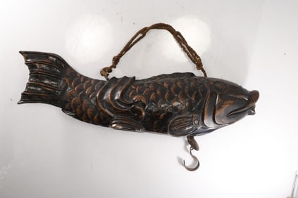 Jizai Kagi, a Traditional Japanese Wooden Hearth Hook in Shape of a Koi Fish 24 in. length