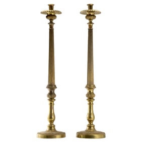 Tall Brass English Reeded Columned Candlesticks 25.5 inches height x 5.5 in. wide