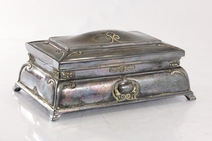 Art Nouveau Silver Plate Casket Jewelry Box on Feet, 8 inches length