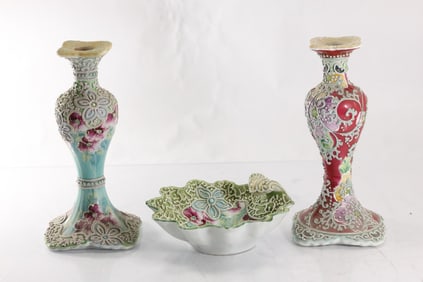 3 Assorted MORIAGE Porcelain , 2 Candlesticks and a Small Bowl