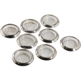 Set of 8 Sterling Silver Rimmed Crystal Glass Coasters 3.75 in. dia.