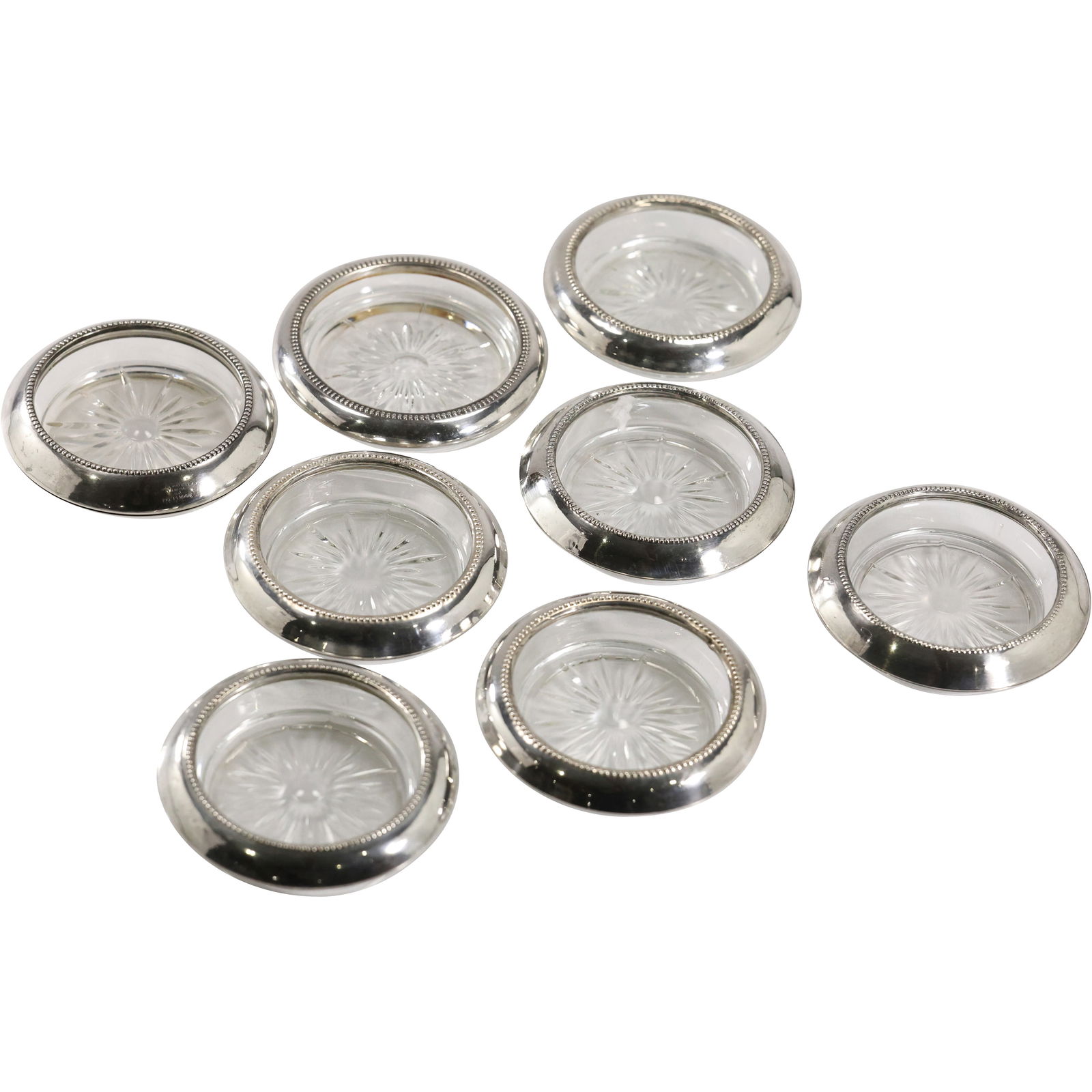Set of 8 Sterling Silver Rimmed Crystal Glass Coasters 3.75 in. dia. (1 of 11)