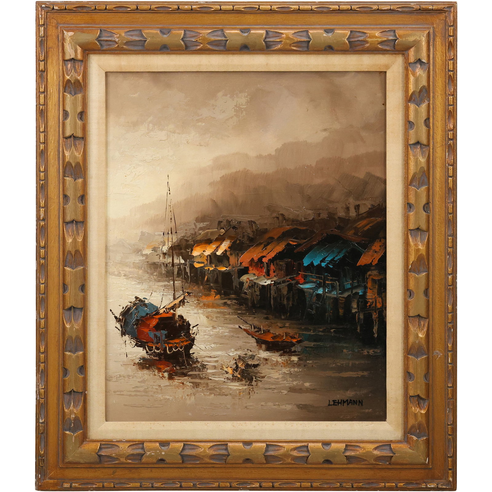 Signed Lehmann, Vintage Oil on Canvas Painting Asian Port Scene with Boats, Framed: Signed Lehmann, Vintage Oil on Canvas Painting Asian Port Scene with Boats, Framed. size: 16 x 20 , outside of frame: 23 x 27