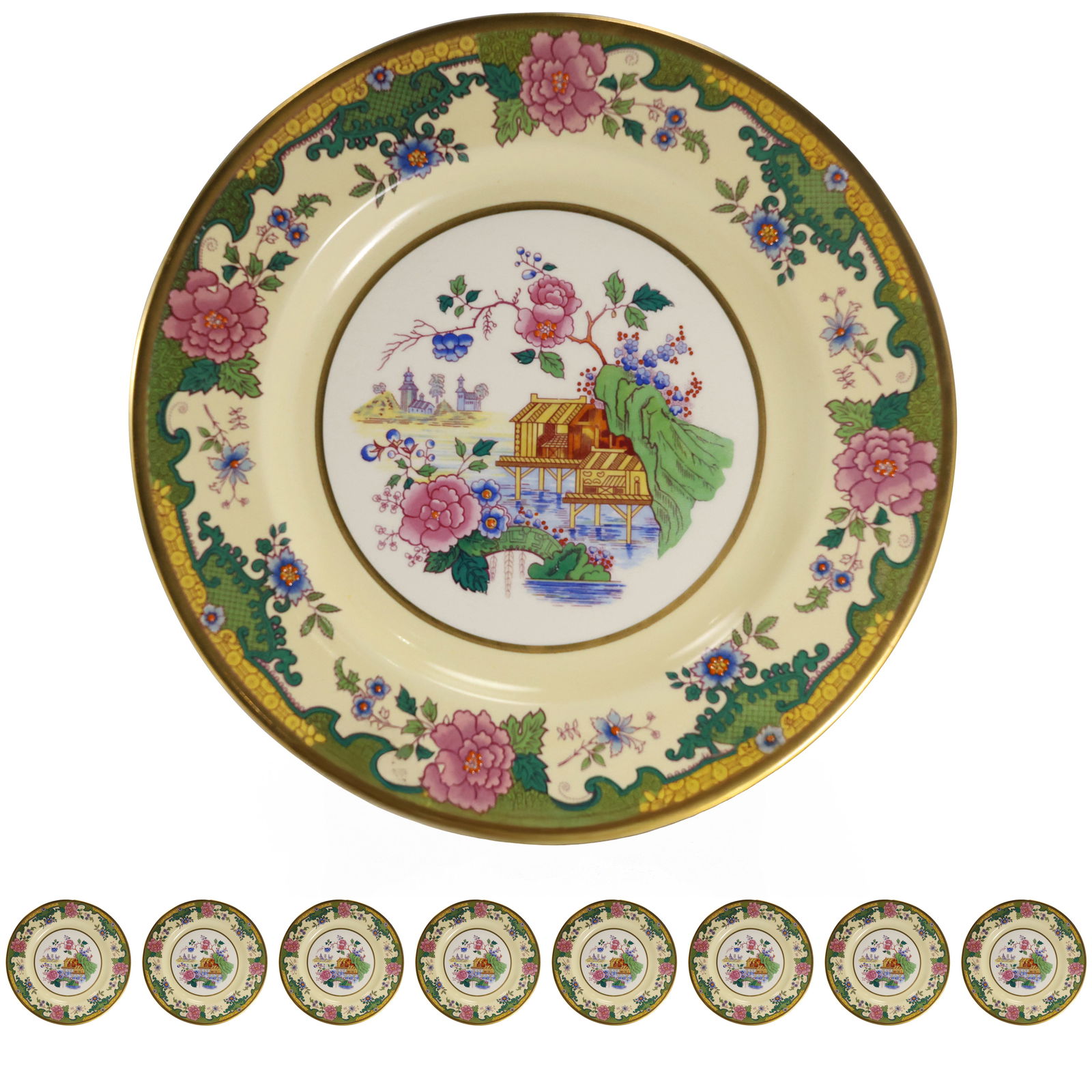 Set of 8 "Pareek" Johnson Bros England Service Dinner Plates 11.5 in. dia. Flowers, Buildings (1 of 20)