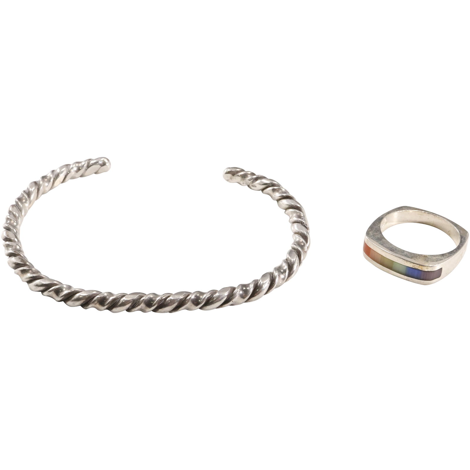 .925 Sterling Silver 23 grams Twisted Cuff Bracelet and .925 Rainbow Ring Size 7 (1 of 15)