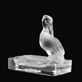 Vintage Satin Crystal Glass Pelican Figure Dish with Frogs in Pond 5 in. height x 5.5 in. length