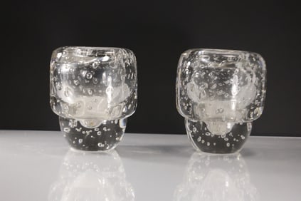 Pair Mid-Century Modern Italian Thick Clear Art Glass Vases with Internal Bubbles 6 in. x 5 in.
