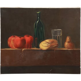 Vintage Oil on Canvas Painting Still Life Wine with Apples and Potatoe