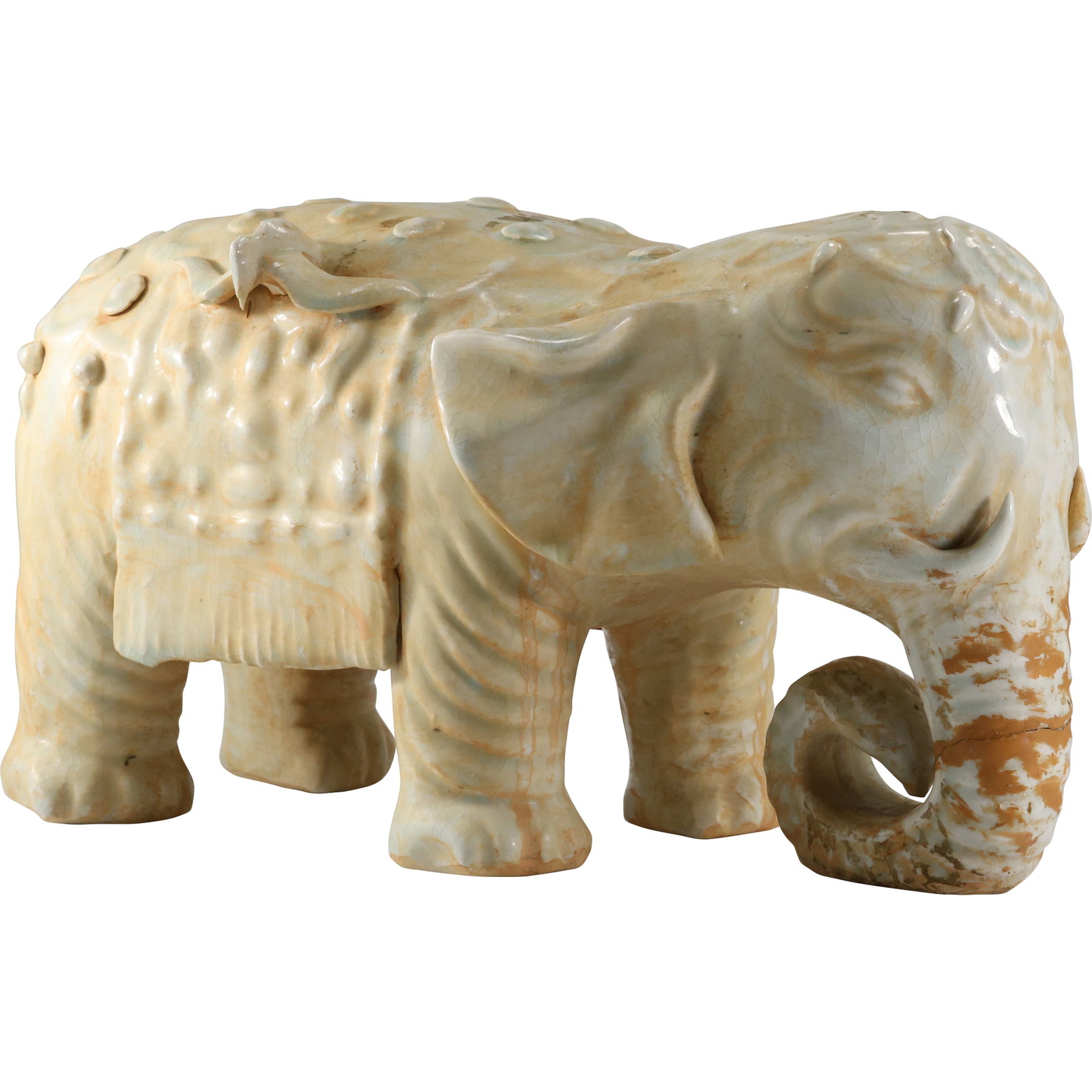 19th C. Japanese Porcelain Elephant Figure Statue 9 in. height x 17 in. length: 19th C. Japanese Porcelain Elephant Figure Statue 9 in. height x 17 in. length. Note trunk has a crack See Pictures. size: 9 h 17 x 9w