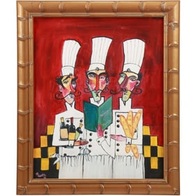 after Tim Rogerson "Les Trois Chefs" Oil on Canvas Painting Signed Rhoda S, Framed