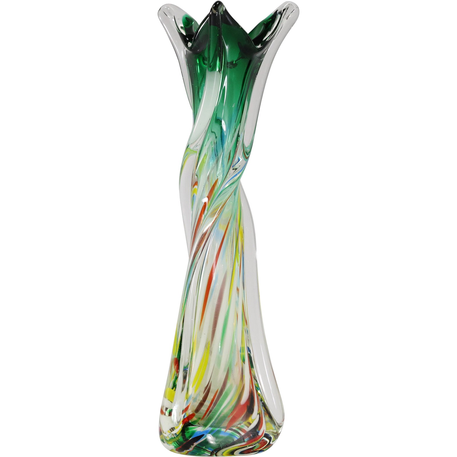 Mid-Century Murano Art Glass Twist Vase with Swirl Stripes in Rainbow Colors 12 in. height: Mid-Century Murano Art Glass Twist Vase with Swirl Stripes in Rainbow Colors 12 in. height. size: 12h x 5w