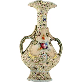 Circa 1920 Moriage 2-Handles Vase with Hand Painted Flowers Center Panel, 11 in. height x 7 in. wide