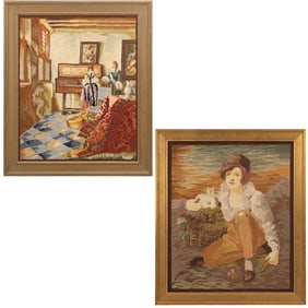 19th C. Petti Point Embroidery Needlepoint Young Boy with Rabbit, Framed