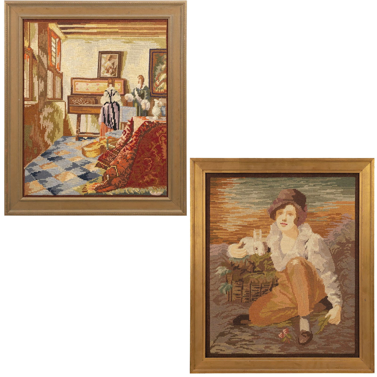 19th C. Petti Point Embroidery Needlepoint Young Boy with Rabbit, Framed (1 of 20)