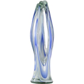 Vintage Hand Blown Art Glass Tall Sculptured Vase Blue White Finger Swirl 15 in. height