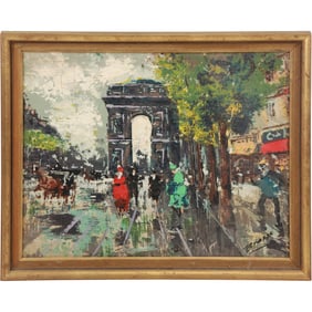 Signed Brasso, Vintage Oil on Canvas Painting Busy Paris Street Scene, Framed