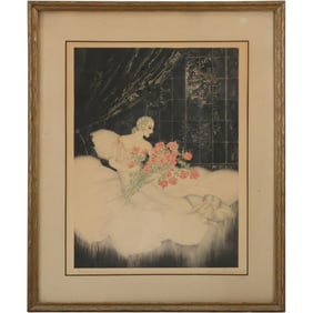 Allene Lamour "Message of The Roses" Art Deco Colored Etching Woman, Framed