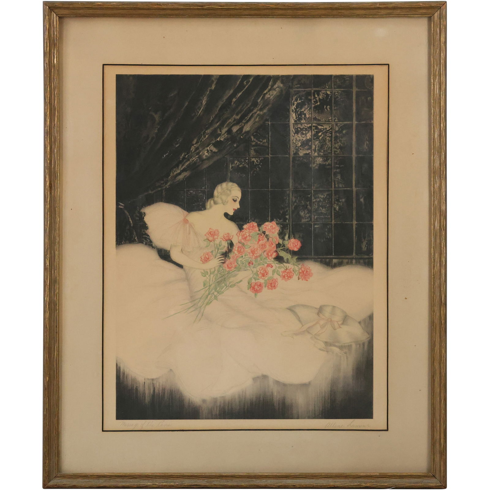 Allene Lamour "Message of The Roses" Art Deco Colored Etching Woman, Framed (1 of 13)