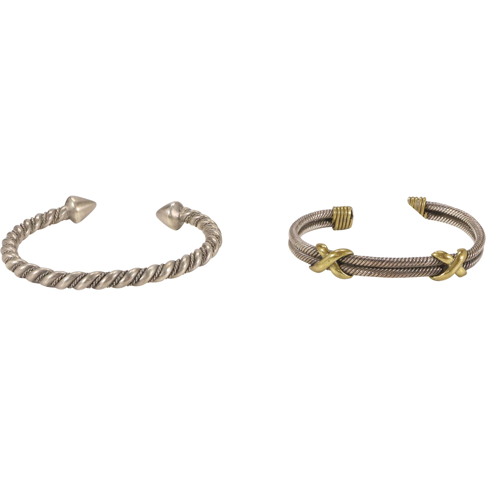 [2] Sterling Silver 71 grams Rope Twist Cuff Bracelets Pointed Ends . Brass Tip Ends: [2] Sterling Silver 71 grams Rope Twist Cuff Bracelets Pointed Ends . Brass Tip Ends. Sizes: 3 in. x 2 7/8 in.; 2 1/2 in. x 2 in. x 1/2 in.