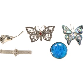 [5] Assorted Sterling Silver Pins: .925 Round Foil Pin; Mexico Alpaca Abalone Butterfly Pin; .925