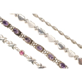 4 Assorted Sterling Silver Bracelets: Purple Amethyst 13 Stones 7 in. x 1/4 in.; 4 Faux Ruby Stones