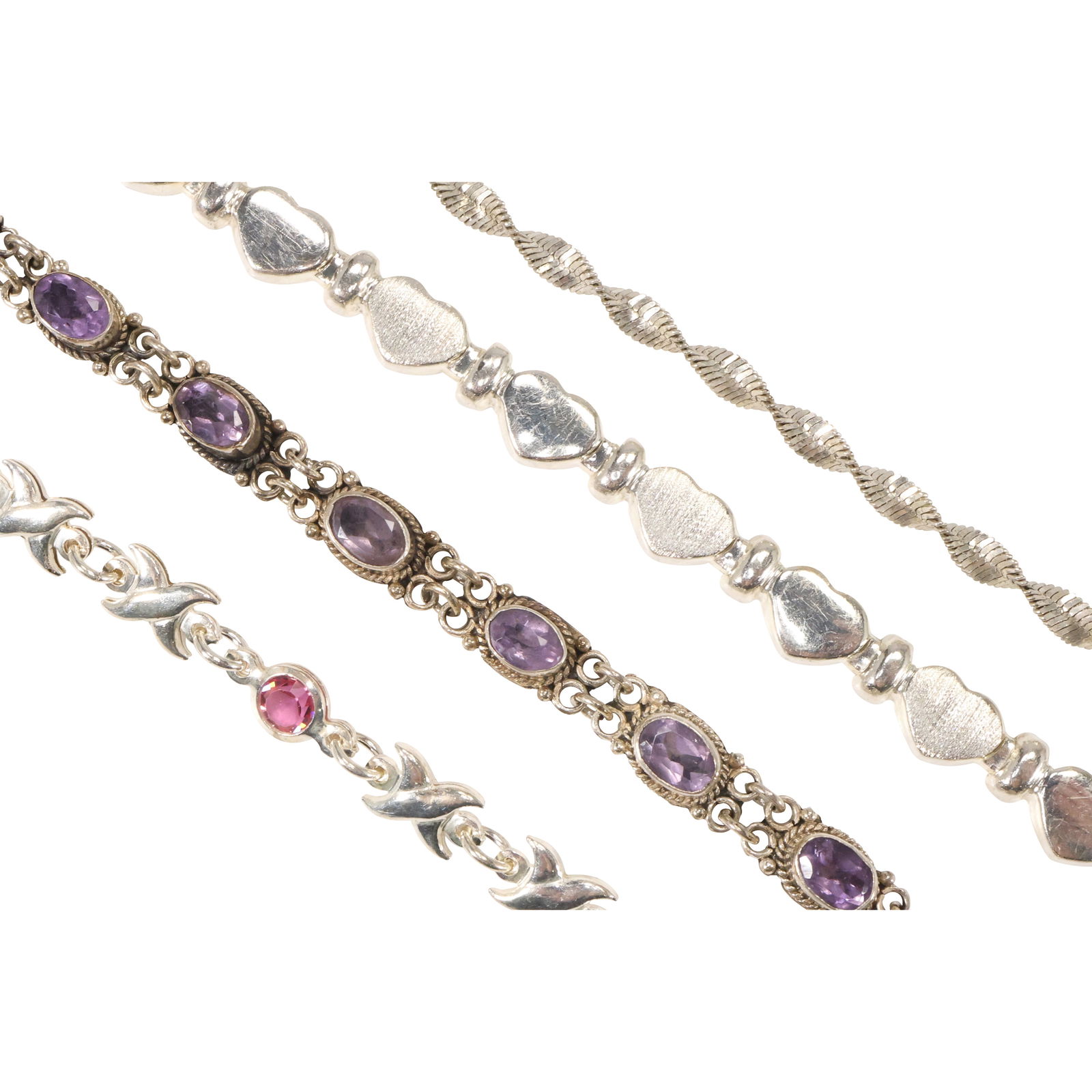 4 Assorted Sterling Silver Bracelets: Purple Amethyst 13 Stones 7 in. x 1/4 in.; 4 Faux Ruby Stones (1 of 15)