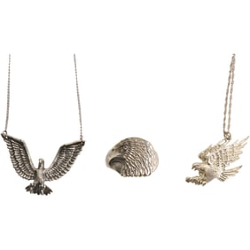 3 Sterling Silver 26.6 grams Eagle in Flight Necklace on 18 in. Chain; Sterling Eagle Ring Size 12.5