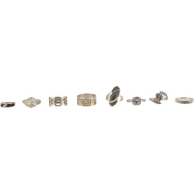 8 Assorted Sterling Silver Rings: .925 Abalone Ring Size 6.75; .925 Black Onyx Ring Size 4.5;