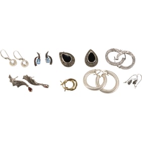 8 Assorted Pairs Sterling Silver Pierced Earrings: .925 "K" CZ Hoops; .925 Black Onyx, Marcasites
