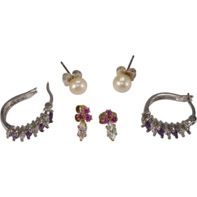 [3] .925 Purple Amethyst and Diamond Hoop Earrings 5/8 in. x 3/4 in.; 14K Post Ruby and CZ