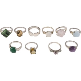10 Assorted Sterling Silver Rings: .925 Pink Amethyst and White Topaz Ring Size 7.5; .925 Blue