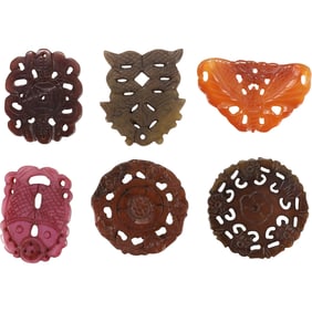 6 Assorted Chinese Carved Symbol Pendants Agate, Red Jasper, Carnelian 2 1/8 in. average size