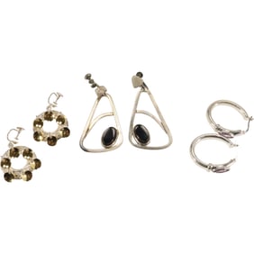 3 Assorted Sterling Silver Earrings: .925 Taxco Sterling with Black Onyx ; .925 Sterling Hoops;