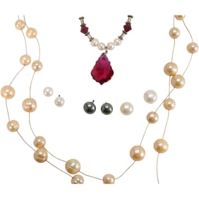 Genuine Freshwater Cultured Pearls: Honora Pearl Necklace Double Strand 18 in.; Pearl & Ruby