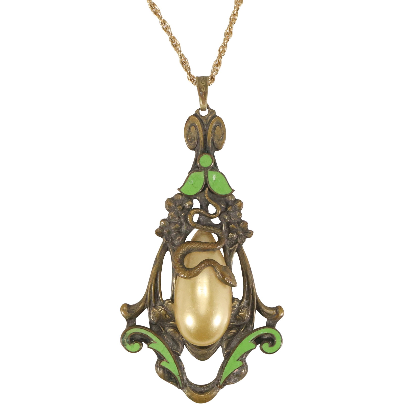 Stunning Art Nouveau Enameled Pin with Snake Slithering Across Faux Pearl Pendant Necklace: Stunning Art Nouveau Enameled Pin with Snake Slithering Across Faux Pearl Pendant 2 1/2 in. x 1 1/2 in. Necklace on 12K GF 15 in. Chain.