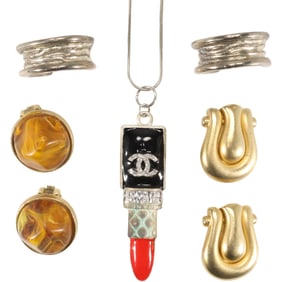 Costume CHANEL Lipstick Pendant on 16 in. Chain; Givenchy Wide Hoops, Kramer Clip-on