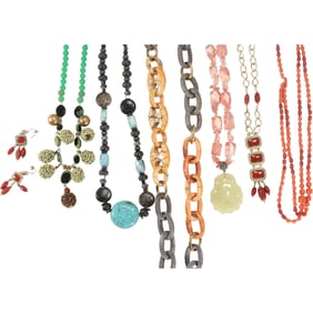 6 Assorted Vintage Necklaces: Coral Double Strand 18 in.; LC Red 3-Square Pendant Necklace