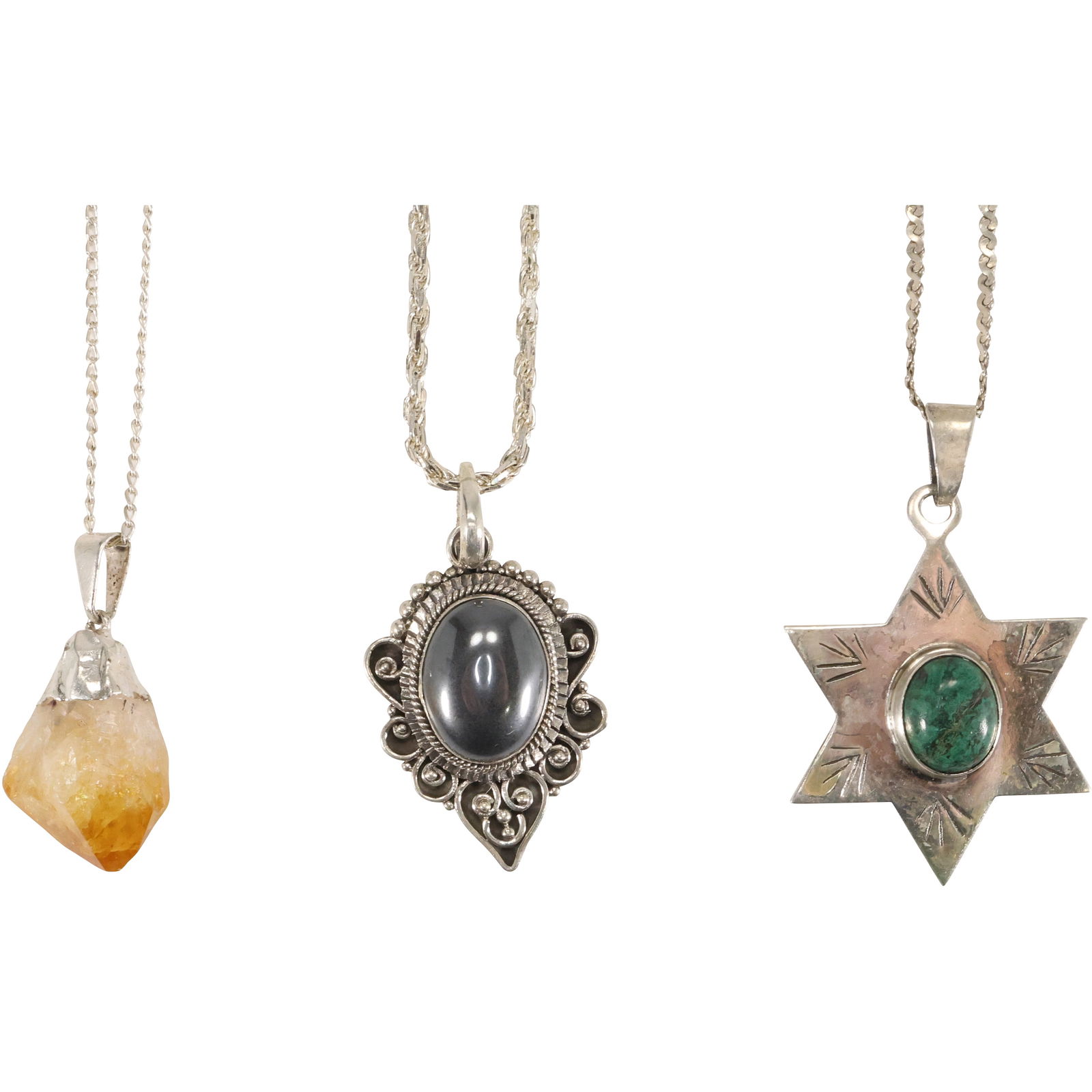 [3] Israel ST 925 Maze Star Pendant with Turquoise 2 in. x 1 1/4 in.; Automade Sterling 18 in. chain: [3] Israel ST 925 Maze Star Pendant with Turquoise 2 in. x 1 1/4 in.; Automade Sterling 18 in. chain with Amber Geo Pendant 1 1/4 in. x 3/4 in.; .925 V 16 in. chain Hematite .925 Pendant 1 3/4 in. x 1