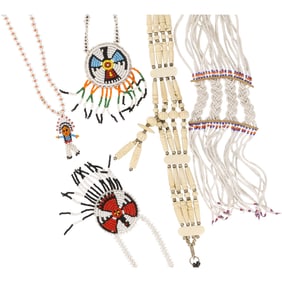 5 Assorted Native Bone and Native Bead Necklaces: Red Eagle 17 in. x 2 in.; Blue / Red Eagle