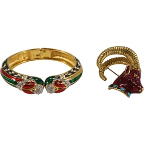 Nolan Miller Rhinestones and Enameled Dragon Bangle Bracelet; Richelou Enameled with