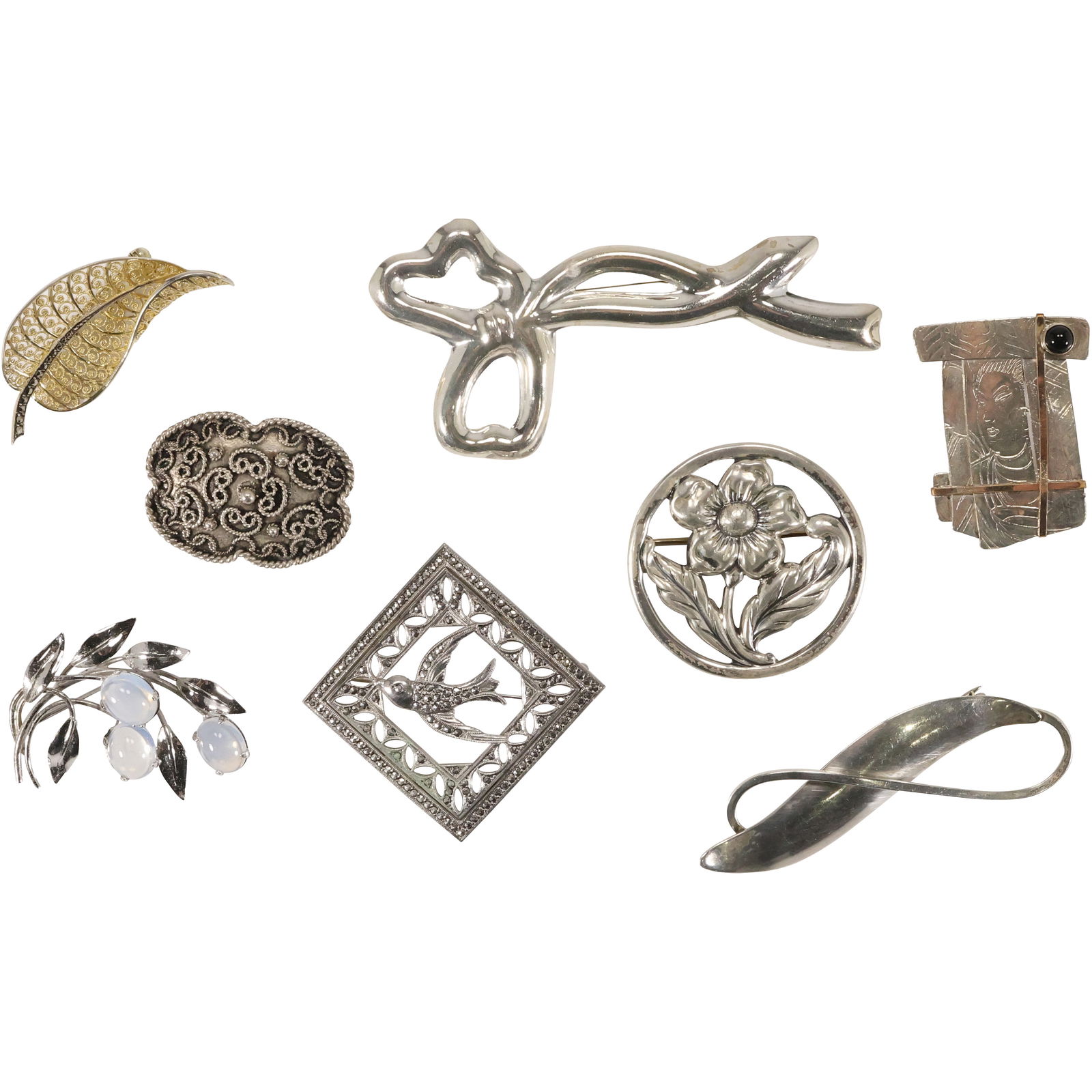 8 Assorted Sterling Silver 63.3 grams: Sterling Bird Pin; Sterling Swirl Pin; Mexico TV-13 .925 Bow; (1 of 19)