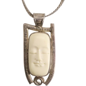 Sterling Silver Herringbone Chain with Sterling with Bone Face Pendant